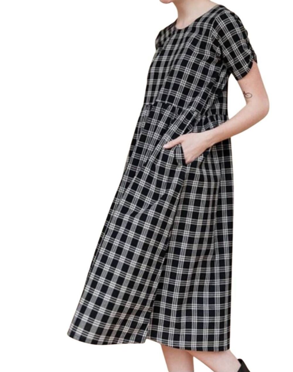 NWT Mata Traders Dress Women's Medium Black Tan Plaid Cotton Midi Neutral Fall